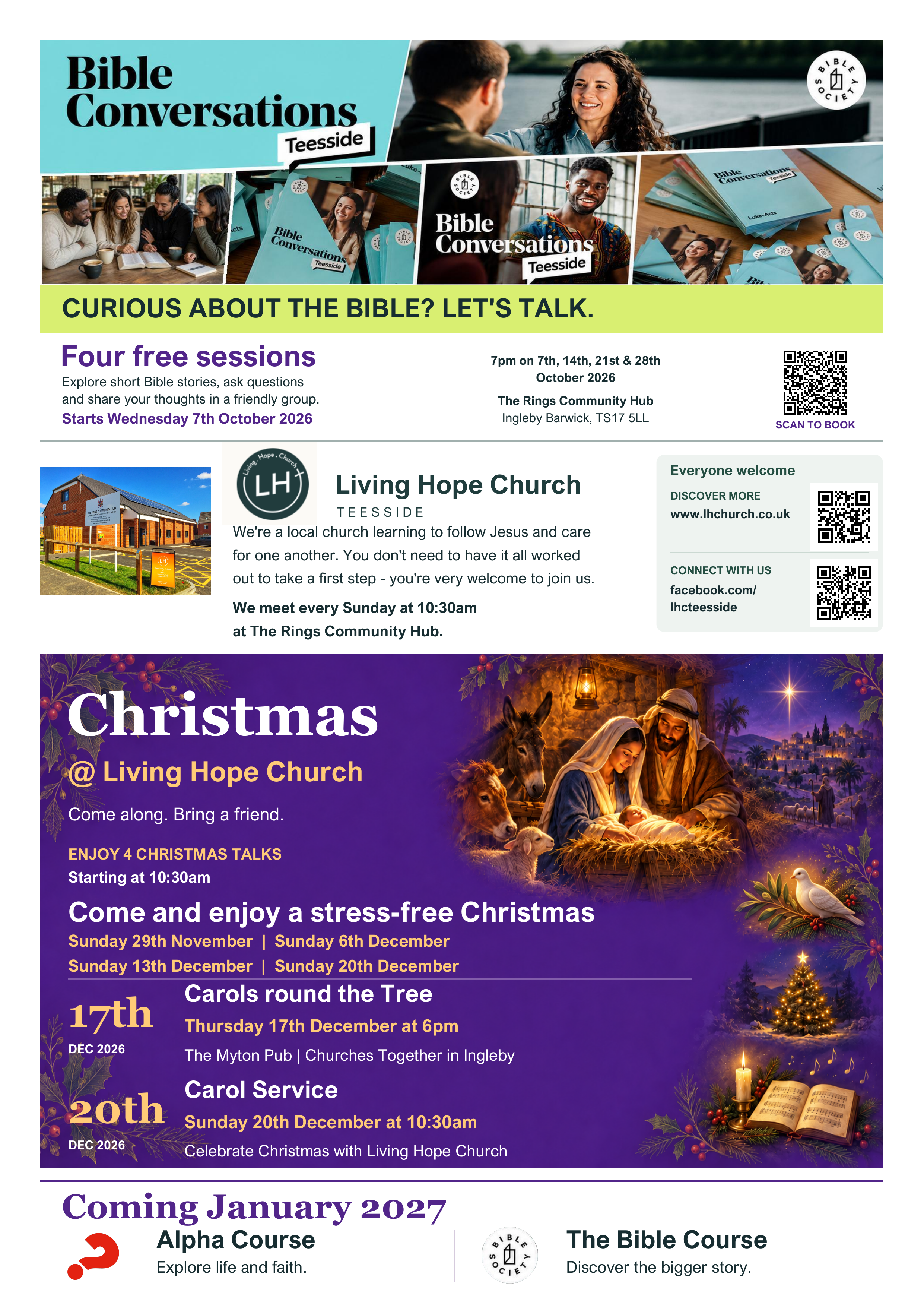 Christmas at Living Hope Church: a nativity scene with festive purple and gold artwork. All event details are listed below.